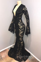 Chic Black Lace V-neck Long Sleevess Mermaid Formal Prom Dresses Sheer Floor Length Evening Gowns