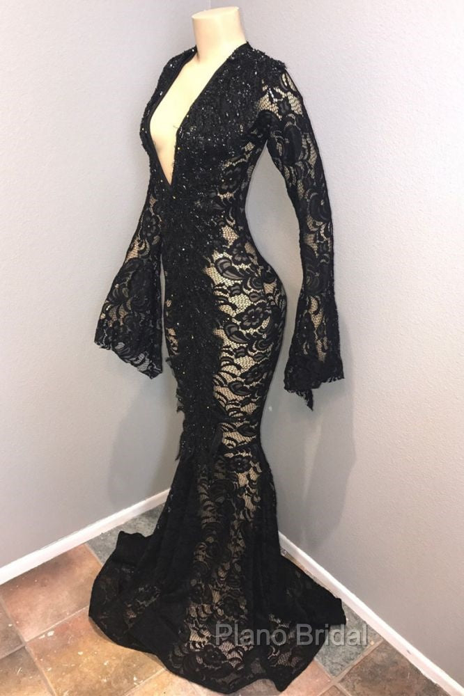 Chic Black Lace V-neck Long Sleevess Mermaid Formal Prom Dresses Sheer Floor Length Evening Gowns