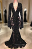 Chic Black Lace V-neck Long Sleevess Mermaid Formal Prom Dresses Sheer Floor Length Evening Gowns