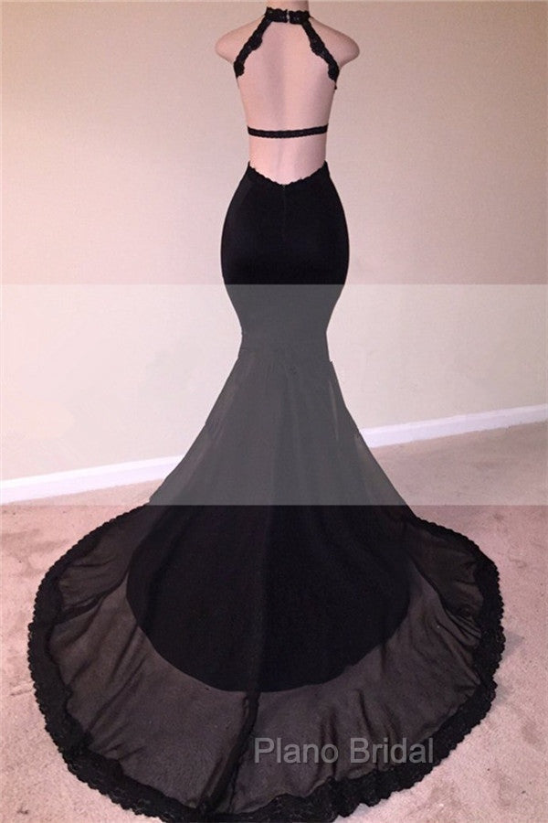 Chic Black Open Back Lace Formal Prom Dresses Sleeveless See Through Tulle Evening Gown