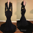 Chic Black Formal Prom Dresses Mermaid Long Sleeves Evening Dresses