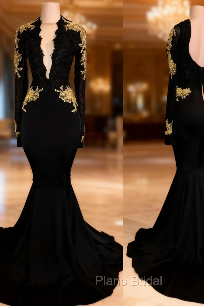 Chic Black Formal Prom Dresses Mermaid Long Sleeves Evening Dresses Main image