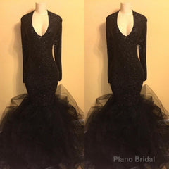 Chic black sequins prom dress, ruffles evening dress