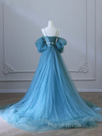 Chic Blue Sweetheart Straps Off Shoulder Tulle Formal Dresses, Blue Formal Prom Dresses