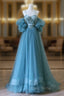 Chic Blue Sweetheart Straps Off Shoulder Tulle Formal Dresses, Blue Formal Prom Dresses