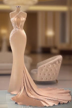 Chic Champagne Sleeveless Mermaid Formal Prom Dresses Long Evening Gowns