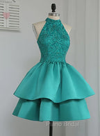 Chic Green Satin and Lace Layers Homecoming Dresses, New Homecoming Dresses