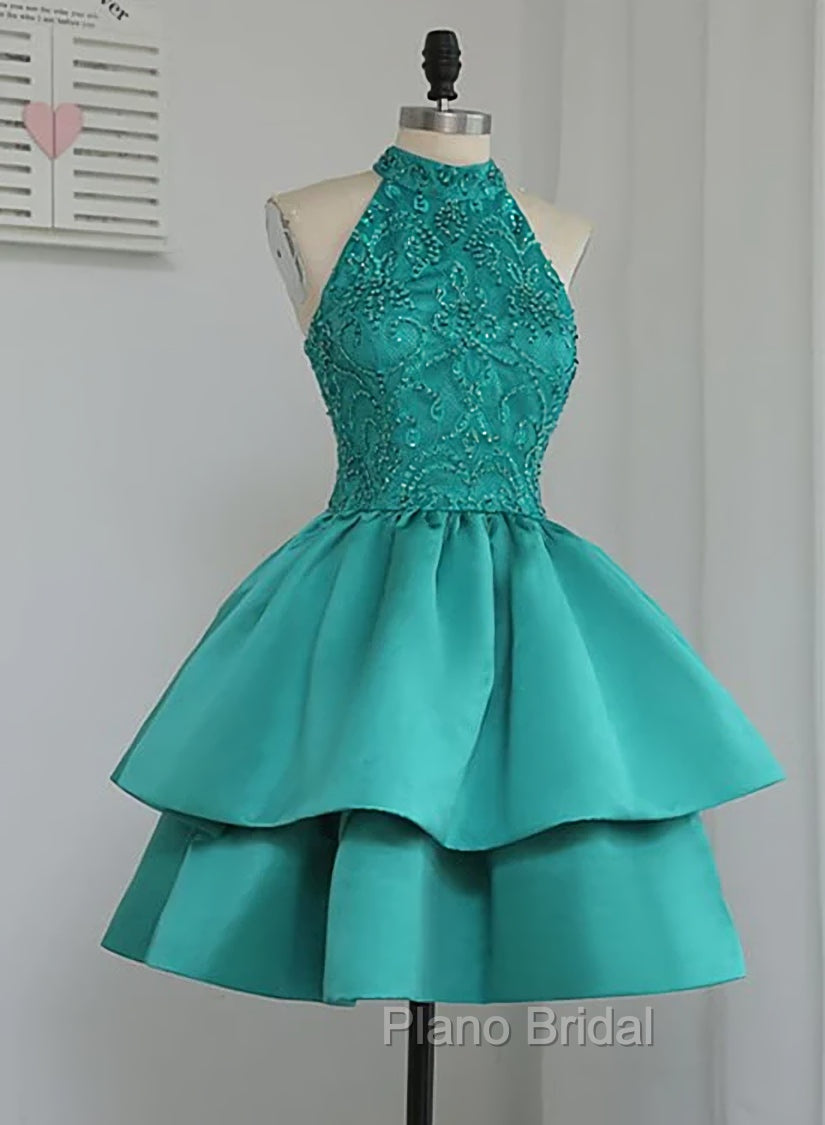 Chic Green Satin and Lace Layers Homecoming Dresses, New Homecoming Dresses