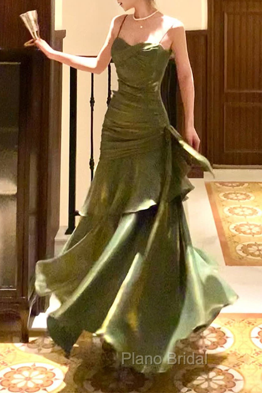 Chic Green Straps Sweetheart Long Formal Dresses, Green Formal Prom Dresses Evening Dresses