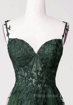 Chic Green Straps Tulle with Lace Party Dresses, A-line Sweetheart Floor Length Formal Prom Dresses