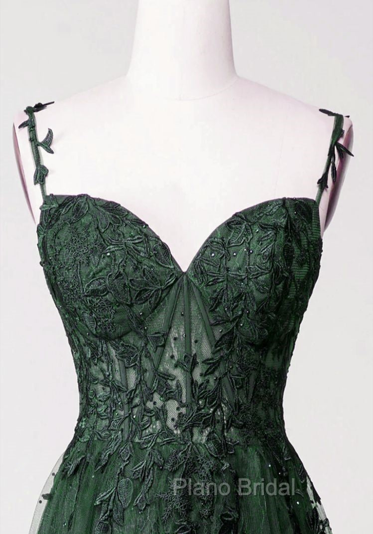 Chic Green Straps Tulle with Lace Party Dresses, A-line Sweetheart Floor Length Formal Prom Dresses