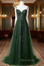 Chic Green Straps Tulle with Lace Party Dresses, A-line Sweetheart Floor Length Formal Prom Dresses