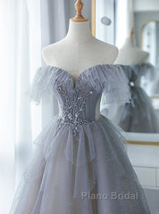 Chic Grey Beaded Layers Tulle Long Formal Dresses, Grey Off Shoulder Formal Prom Dresses