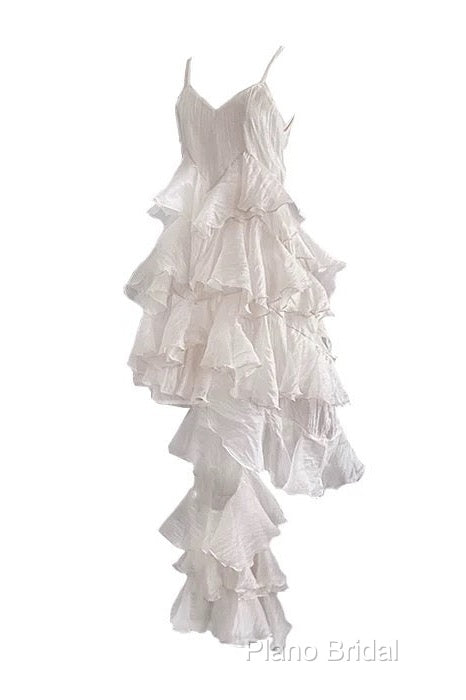 Chic High Low Spaghetti Straps Formal Prom Dresses Birthday Dresses With Ruffles