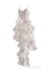 Chic High Low Spaghetti Straps Formal Prom Dresses Birthday Dresses With Ruffles