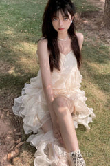 Chic High Low Spaghetti Straps Formal Prom Dresses Birthday Dresses With Ruffles