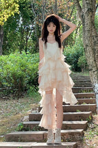 Chic High Low Spaghetti Straps Formal Prom Dresses Birthday Dresses With Ruffles