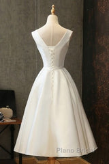 Chic Lace Up Tea Length Vintage Satin Ivory Wedding Dresses