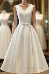 Chic Lace Up Tea Length Vintage Satin Ivory Wedding Dresses