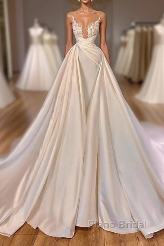 Chic Long A-line Cathedral Sleeveless V-neck Satin Wedding Dresses