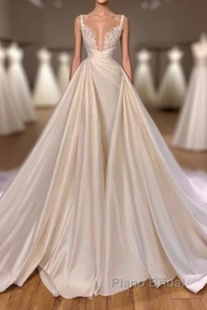 Chic Long A-line Sleeveless Spaghetti Strap Cathedral V-neck Satin Lace Wedding Dress