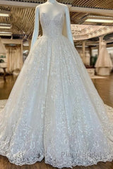 Chic Long A-line V-neck Floral Lace Open Back Wedding Dresses