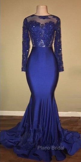 Chic Open Back Royal Blue Real Model Formal Prom Dresses Lace Long Sleeves Mermaid Evening Gown Secondary image