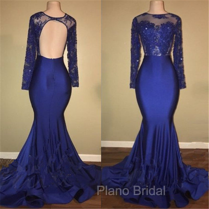 Chic Open Back Royal Blue Real Model Formal Prom Dresses Lace Long Sleeves Mermaid Evening Gown