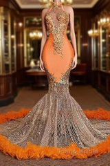 Chic Orange Long Mermaid Halter Sleeveless Tulle Formal Prom Dress