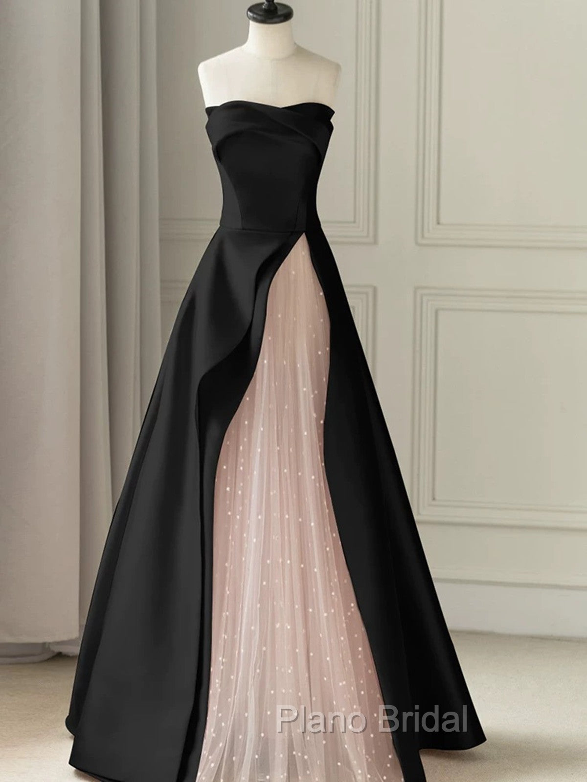 Chic Pink and Black Satin with Tulle Formal Prom Dresses, A-line Long Party Dresses Secondary image