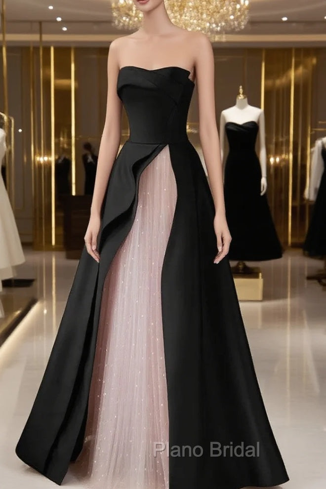 Chic Pink and Black Satin with Tulle Formal Prom Dresses, A-line Long Party Dresses Main image