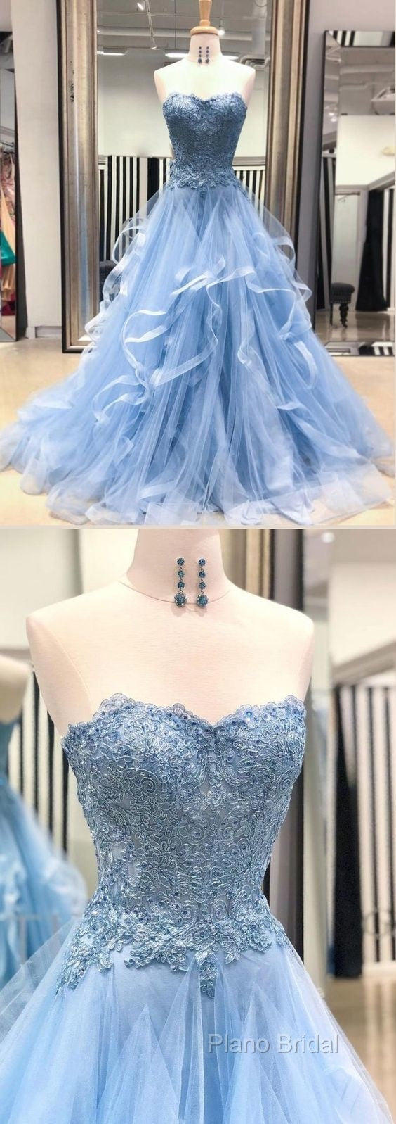 Chic Formal Prom Dresses Sweetheart Sky Blue Ruffles Aline Lace Formal Prom Dresses