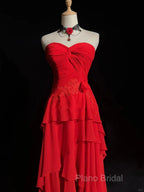 Chic Red High Low Chiffon Wedding Party Dresses, Red Layers Long Formal Dresses