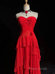 Chic Red High Low Chiffon Wedding Party Dresses, Red Layers Long Formal Dresses