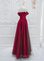Chic Satin Long Party Dresses Formal Prom Dresses, A-line Red Off Shoulder Evening Dresses