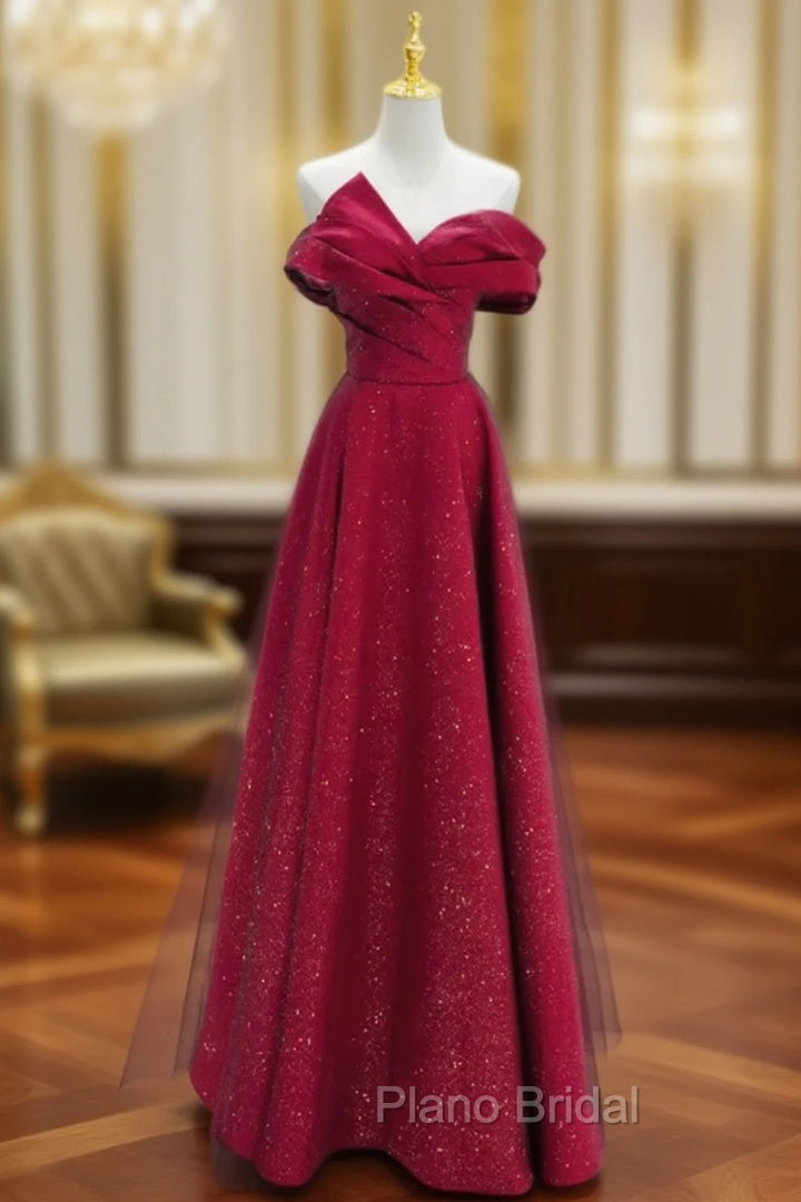 Chic Satin Long Party Dresses Formal Prom Dresses, A-line Red Off Shoulder Evening Dresses