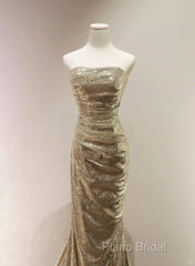 Chic Sequins Mermaid Scoop Long Formal Dresses, Gold Long Formal Prom Dresses Party Dresses