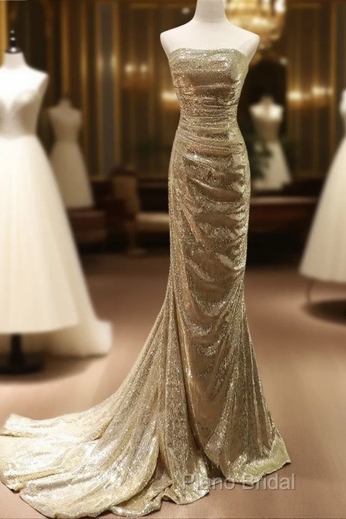 Chic Sequins Mermaid Scoop Long Formal Dresses, Gold Long Formal Prom Dresses Party Dresses Main image