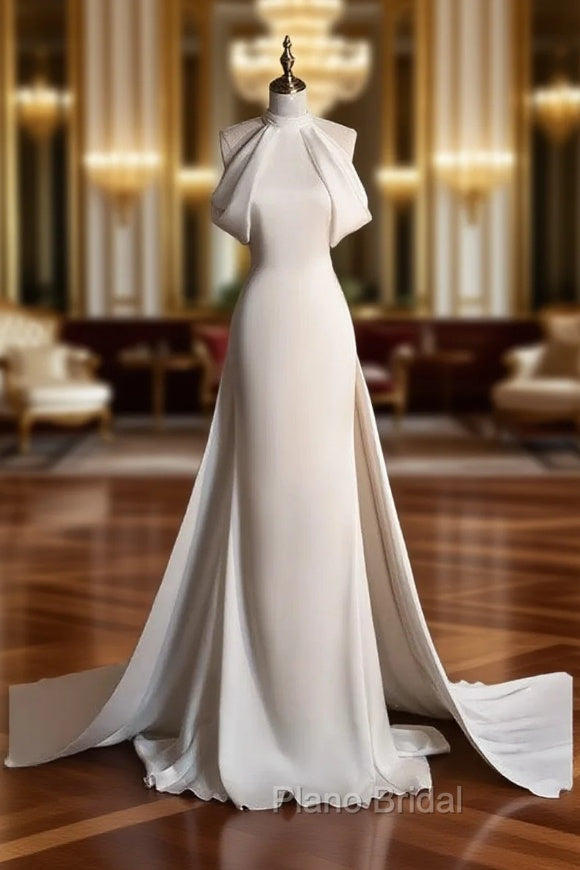 Chic Sheath High neckline Sleeveless Ivory Satin Long Wedding Dresses With Train Main image
