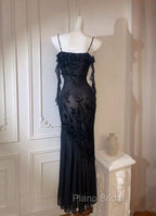 Chic Sheath Spaghetti Straps Black Evening Dresses Long Formal Prom Dresses