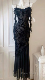 Chic Sheath Spaghetti Straps Black Evening Dresses Long Formal Prom Dresses