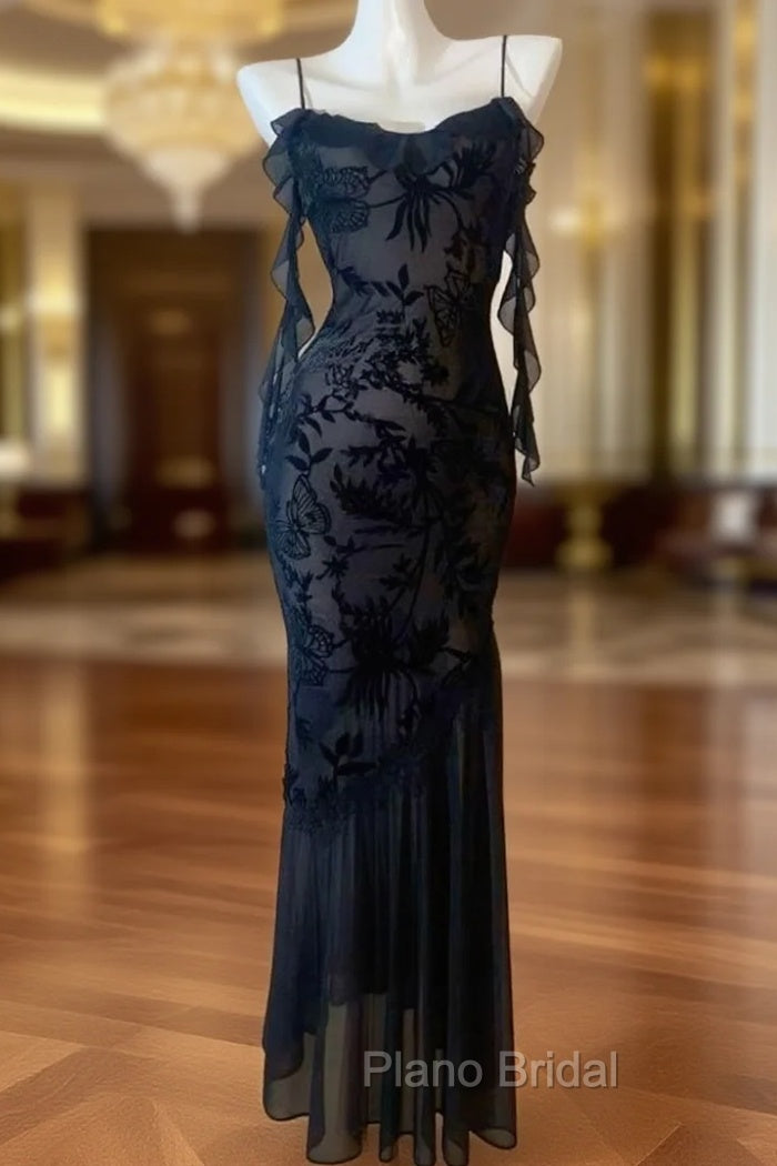 Chic Sheath Spaghetti Straps Black Evening Dresses Long Formal Prom Dresses Main image