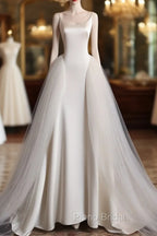 Chic Sheath Spaghetti Straps Sleeveless White Satin Wedding Dresses With Ruffles