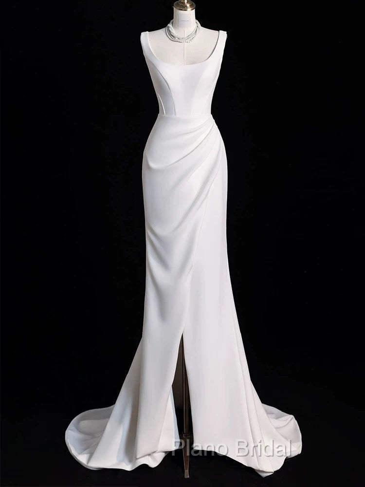 Chic Sheath Square Neckline Sleeveless White Satin Slit Wedding Dresses With Ruffles Secondary image