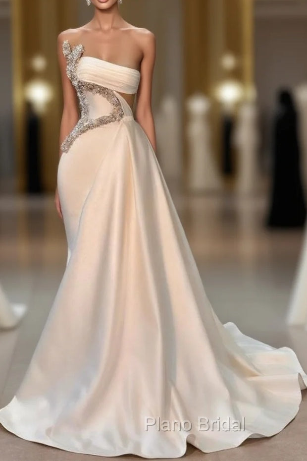 Chic Strapless Sleeveless Waist Hollow Beaded Empire Ruched Satin Formal Prom Dresses Main image