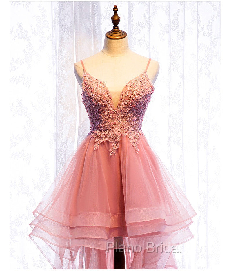 Chic V-neckline Lace Applique Tulle High Low Straps Homecoming Dresses, Tulle Short Formal Prom Dresses Secondary image