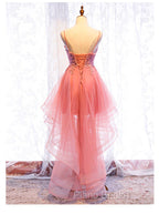 Chic V-neckline Lace Applique Tulle High Low Straps Homecoming Dresses, Tulle Short Formal Prom Dresses