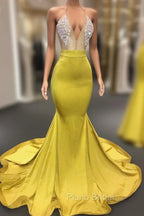Chic Yellow Sleeveless Crystals Sheer Tulle Formal Prom Dresses New Arrival Mermaid Formal Evening Gowns