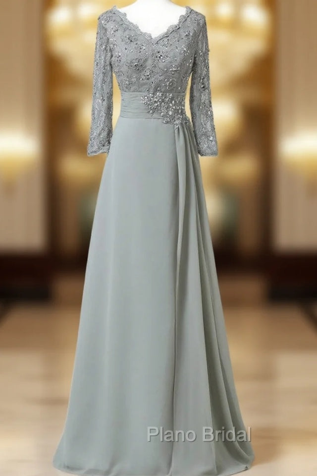 Chiffon Lace 3/4 Sleeve Double V Neck Grey Beading Mother of the Bride Dresses Main image