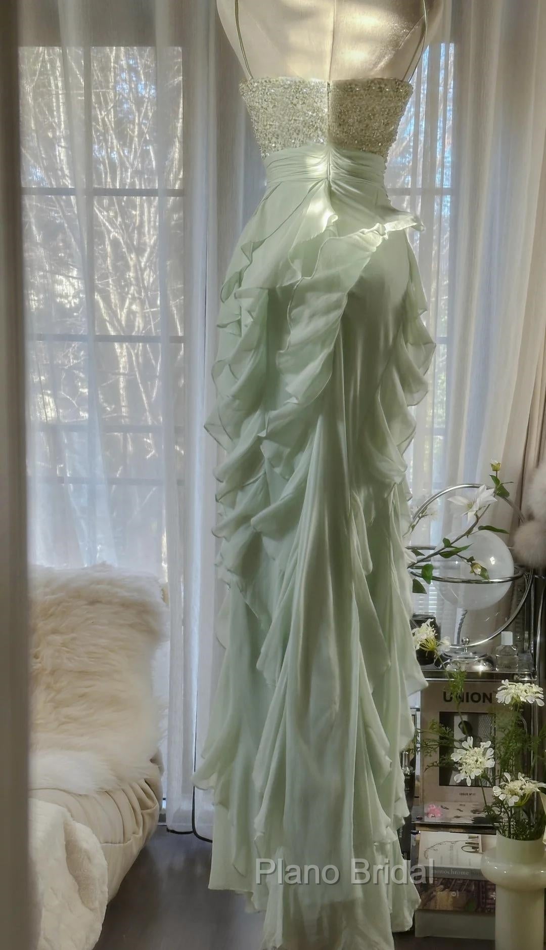 Chiffon Sheath Spaghetti Strap Ruffled Formal Prom Dresses With Beading Evening Dresses Secondary image